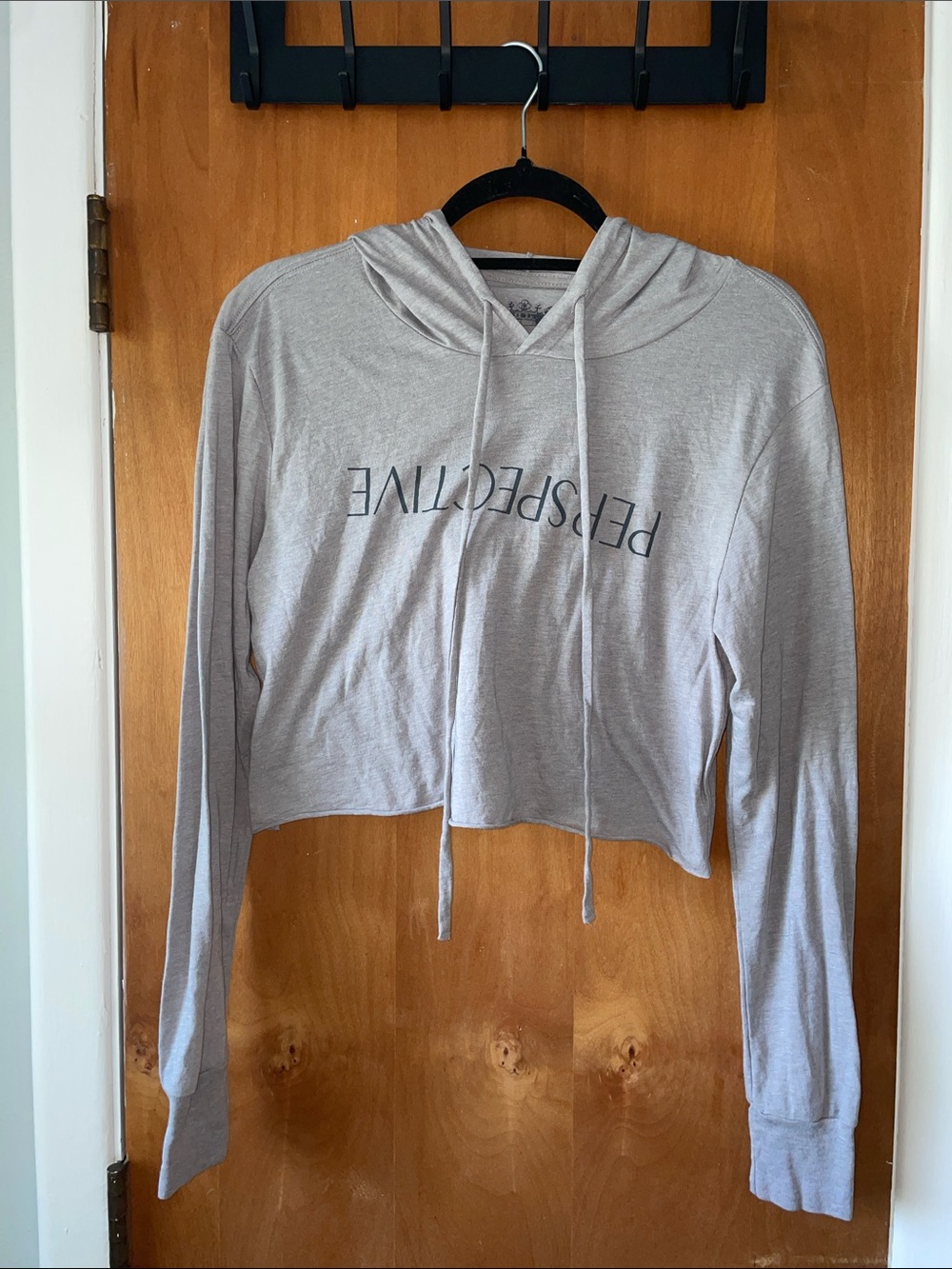 Panache Light Gray Cropped Hoodie with 'PERSPECTIVE' Print